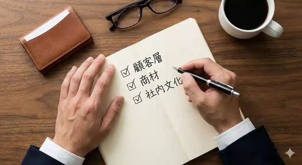 顧客層や商材などの判断基準をチェックリストで整理するイメージ