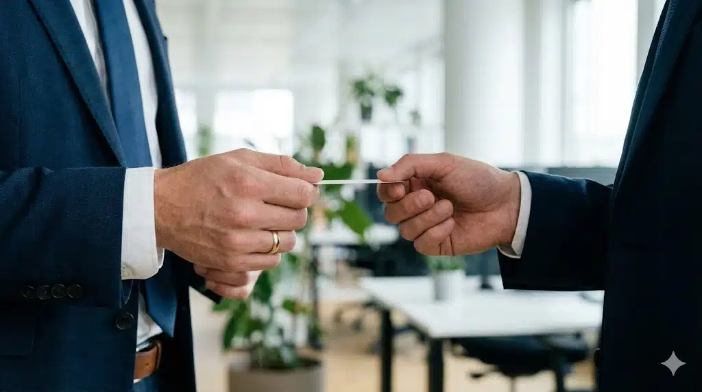 名刺交換をする営業マンの手元に、シンプルな結婚指輪が写っているビジネスイメージ
