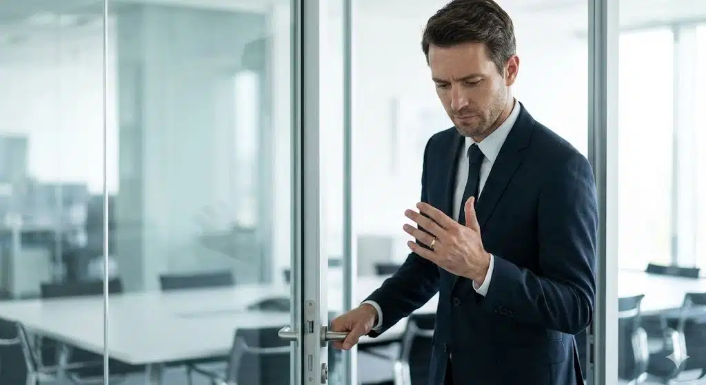 商談前に結婚指輪を気にして迷う営業マンのイメージ